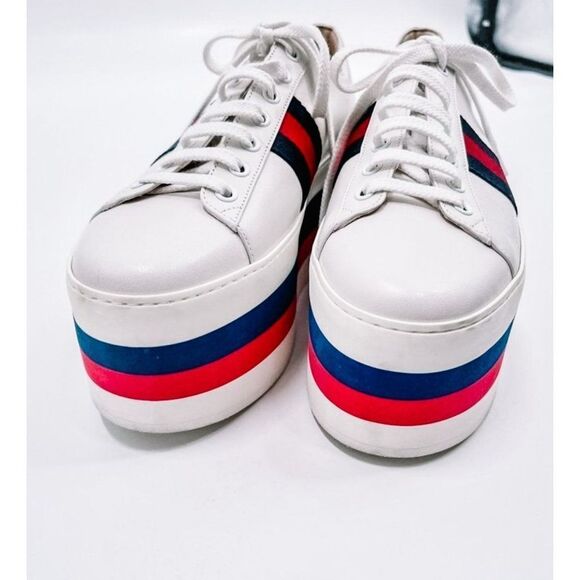 Gucci Peggy Leather Signature Stripe Chunky Platform Sneakers Tennis Shoes 39 - Picture 6 of 12